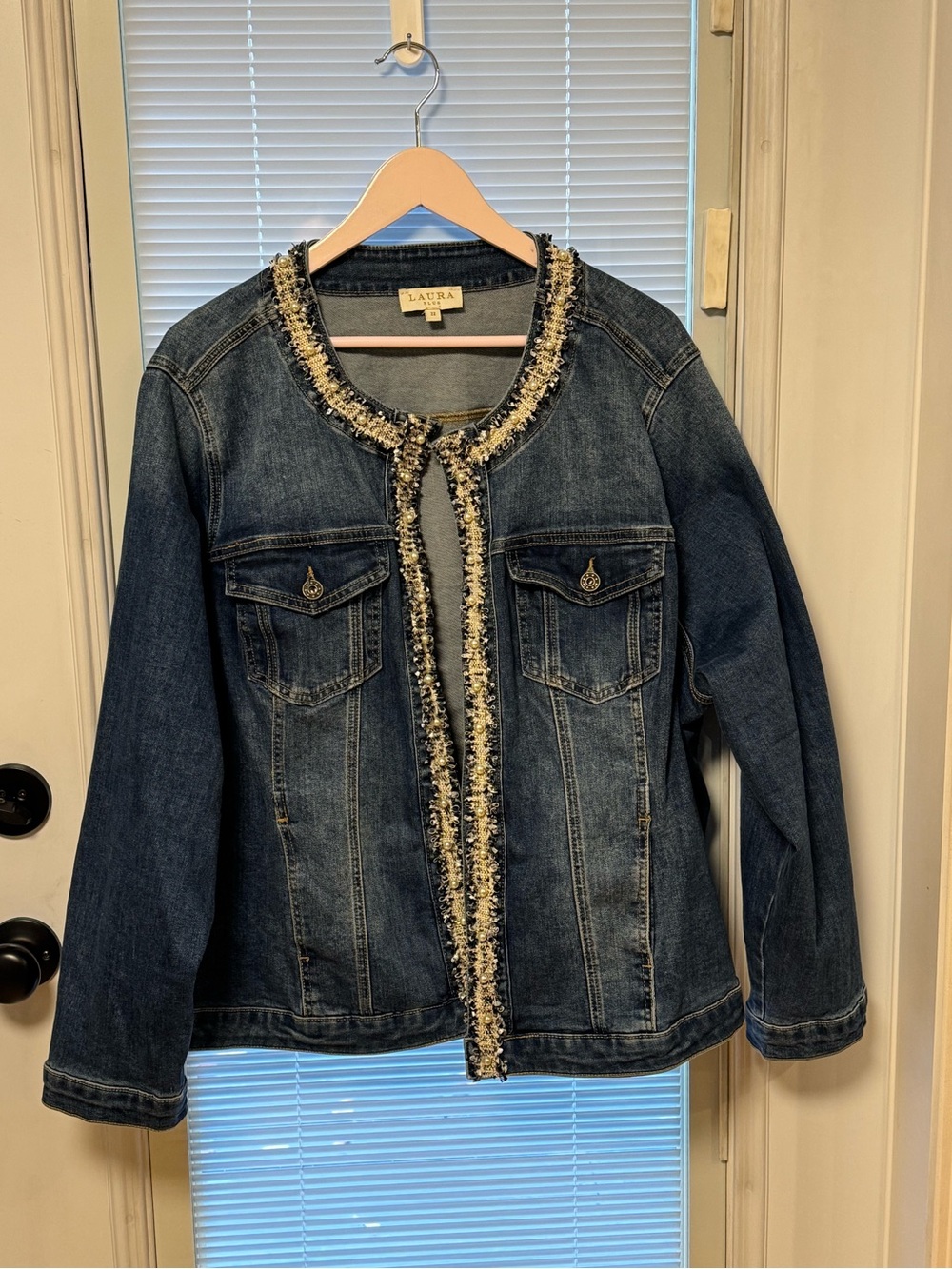 Laura Denim Jacket with Sparkly Trim - Dark Blue